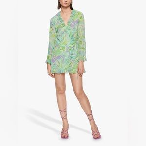 MANGO Long Sleeve Chiffon Wrap Ruffled Green Retro Mini Party Dress Size 4